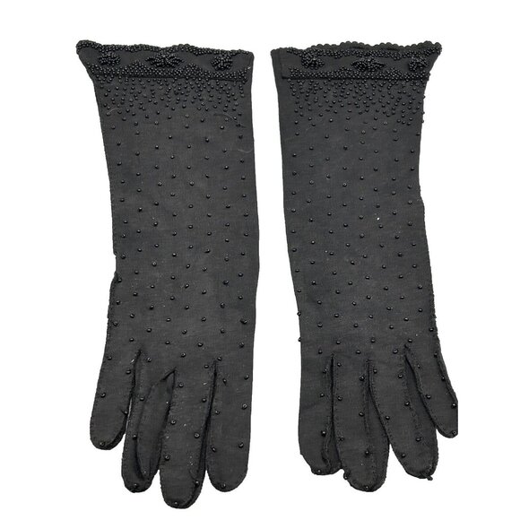 Gloves Opera Black Hand Beaded Gauntlet Scalloped Edge MCM 13.5” Long Vtg - Picture 1 of 10